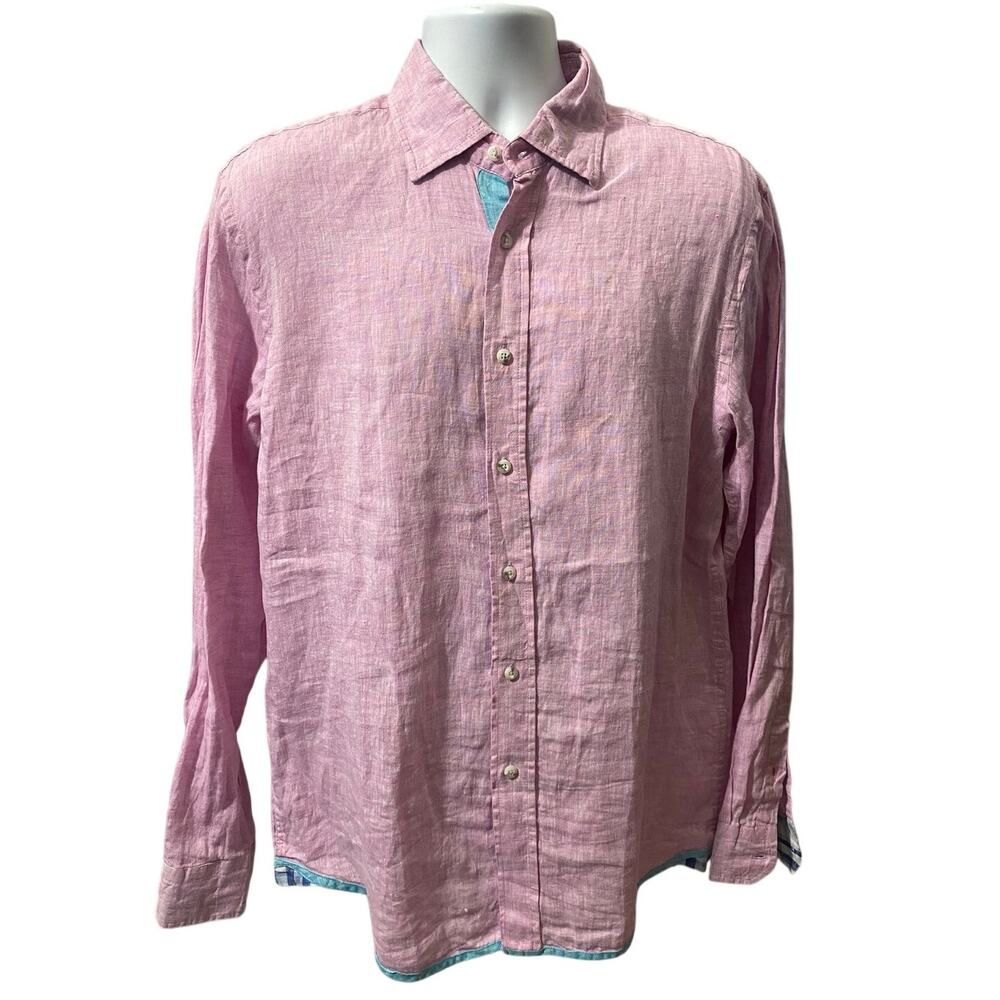 REPORT COLLECTION RESORT LINEN SHIRT — Salmon w/Flip Cuffs Short Sleeve Mens M
